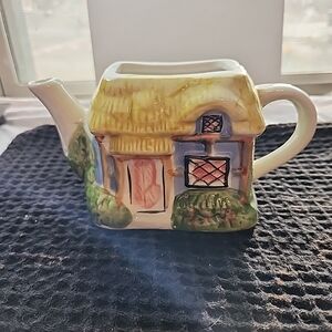 Teapot ceramic yellow and blue cottage square house
